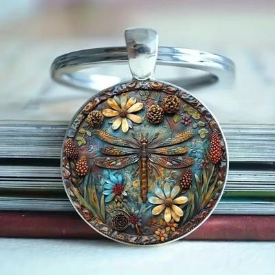 Round Alloy Keychain Pendant with Dragonfly Floral Design Metal Key Ring Decorative Accessory for Bags and Keys