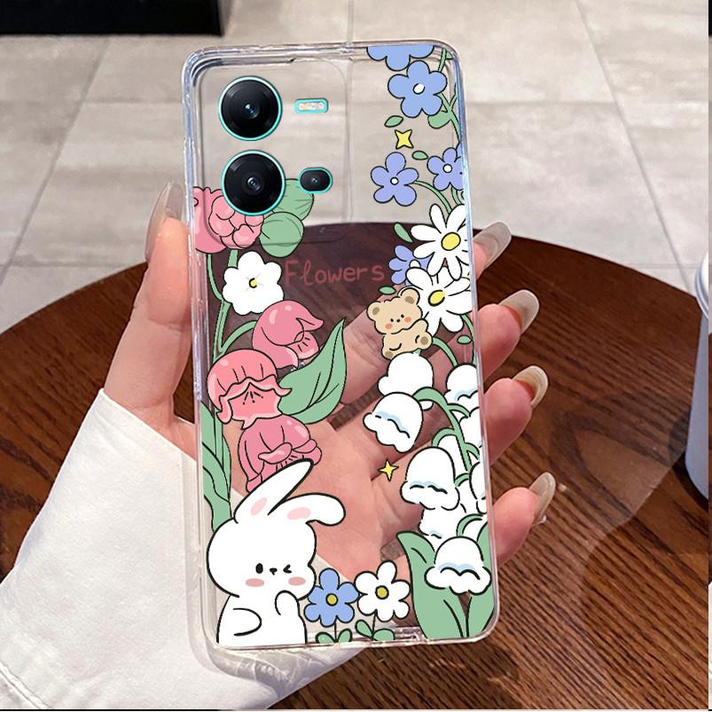 Phone Case For Vivo V25 Y35 Casing Luxury Cute Love Heart Rabbit Funny Pattern Transparent Silicone TPU Soft Shell Back Cover