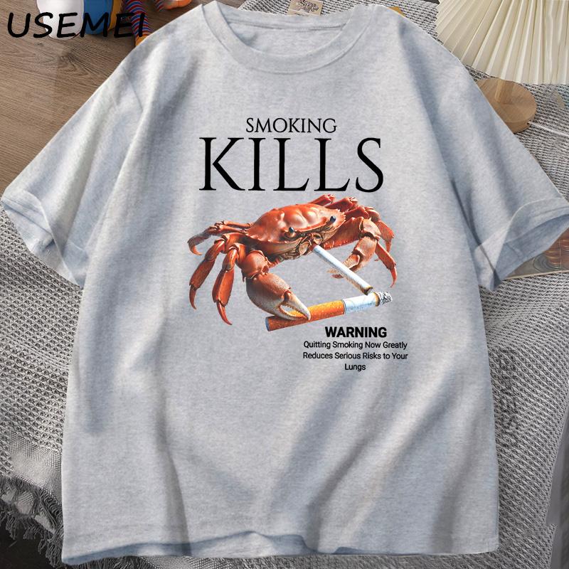 Smoking Kills Crab T Shirts Unhinged Weirdcore TShirt Weird Graphic Tee Harajuku Cotton Short Sleeve Tshirt Unisexs Clothing