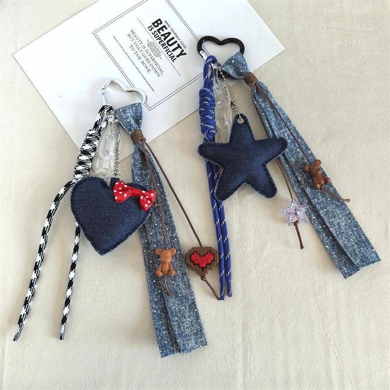 Portachiavi Pendente Laccio Intrecciato a Forma di Cuore Stella a Cinque Punte Stile Denim Creativo Trendy e Cool Pendente per Borsa Stile Ins