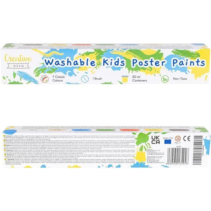 Peinture Enfant Lavable Doigt - 7x20ml - Loisir Creatif - Couleurs Basiques Vibrantes Intenses Pigmentées - Séchage Rapide Effet Mat