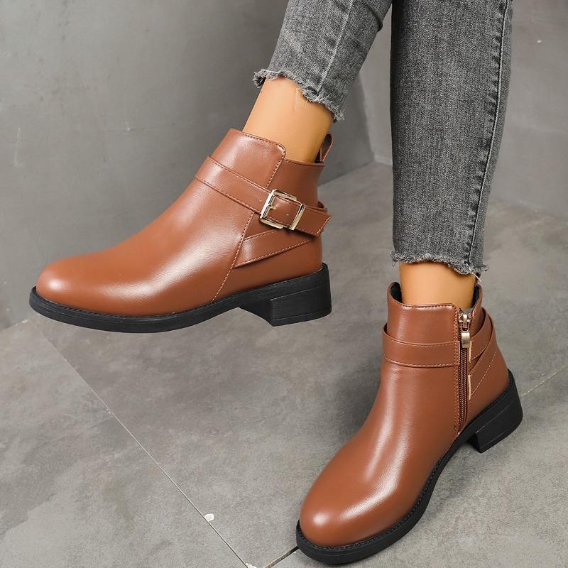 Supply Women's Round Head Low Heel Short Boots Belt Buckle Knight Boots