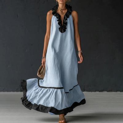 Dames Zomer Halter Maxi Jurk Ruche Afwerking Mouwloos Wijdvallend Lange Jurk Casual Strandvakantie Zomerjurk