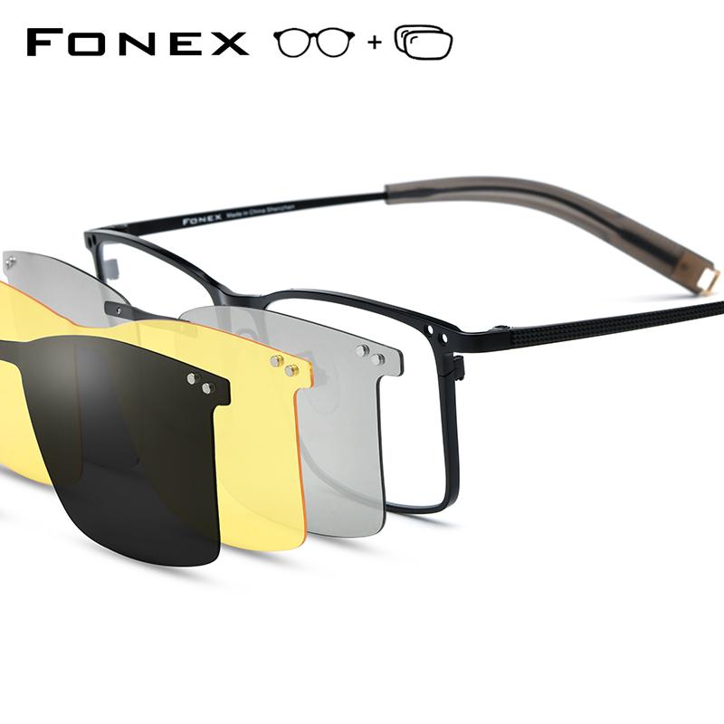 FONEX Titanium Prescription Glasses Custom Myopia Optical Eyewear Men Square Magnet Eyeglasses 3D Night Vision Polarized 85760