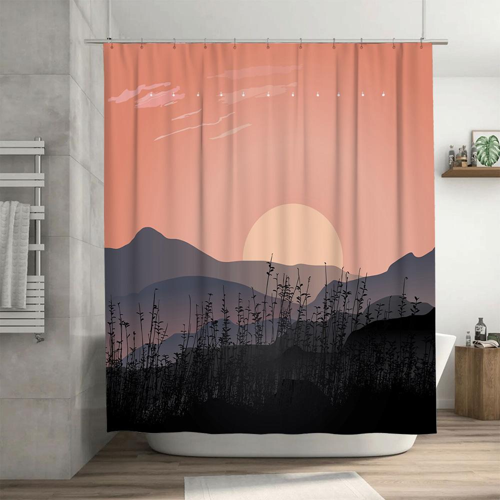 Sunset-themed shower curtain with black silhouette plants for modern bathroom decor peach pink color (59 x 72 inches)