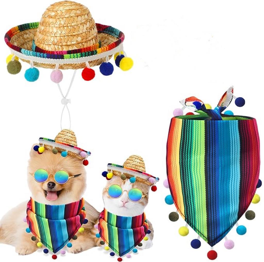 Pet hat triangle towel set cat hairball straw hat hairball saliva towel 2-piece set striped color triangle towel