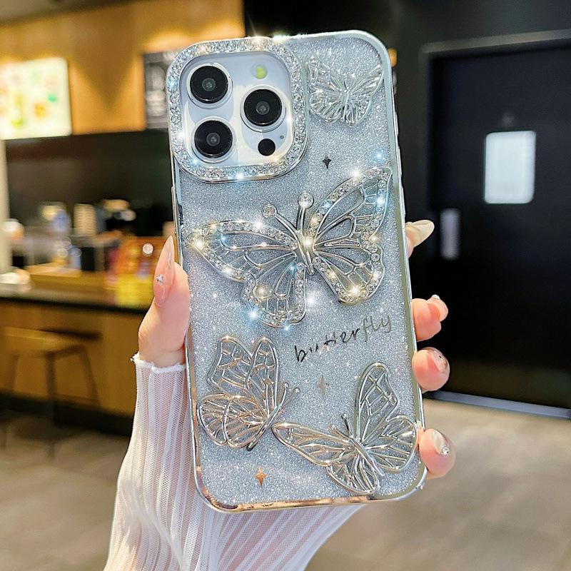 Butterfly Diamond Soft Rubber Phone Case for iPhone 15/16 Pro Max Full Coverage
