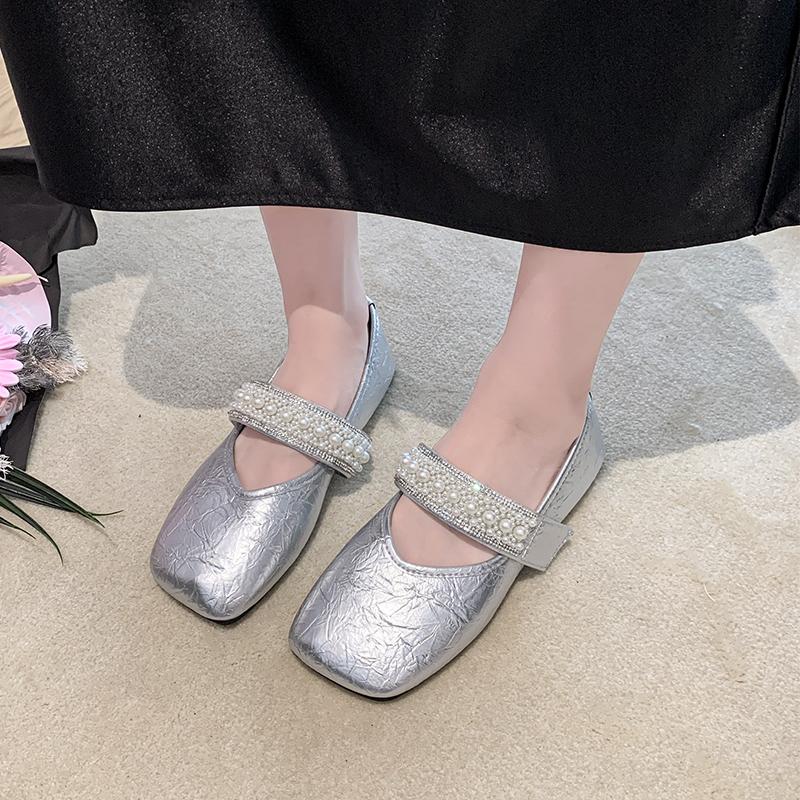 Flat Shoes with One Buckle Strap Autumn New Square Toe Shallow Mouth Rhinestone Soft Sole Non-slip Wear-resistant Single Shoes