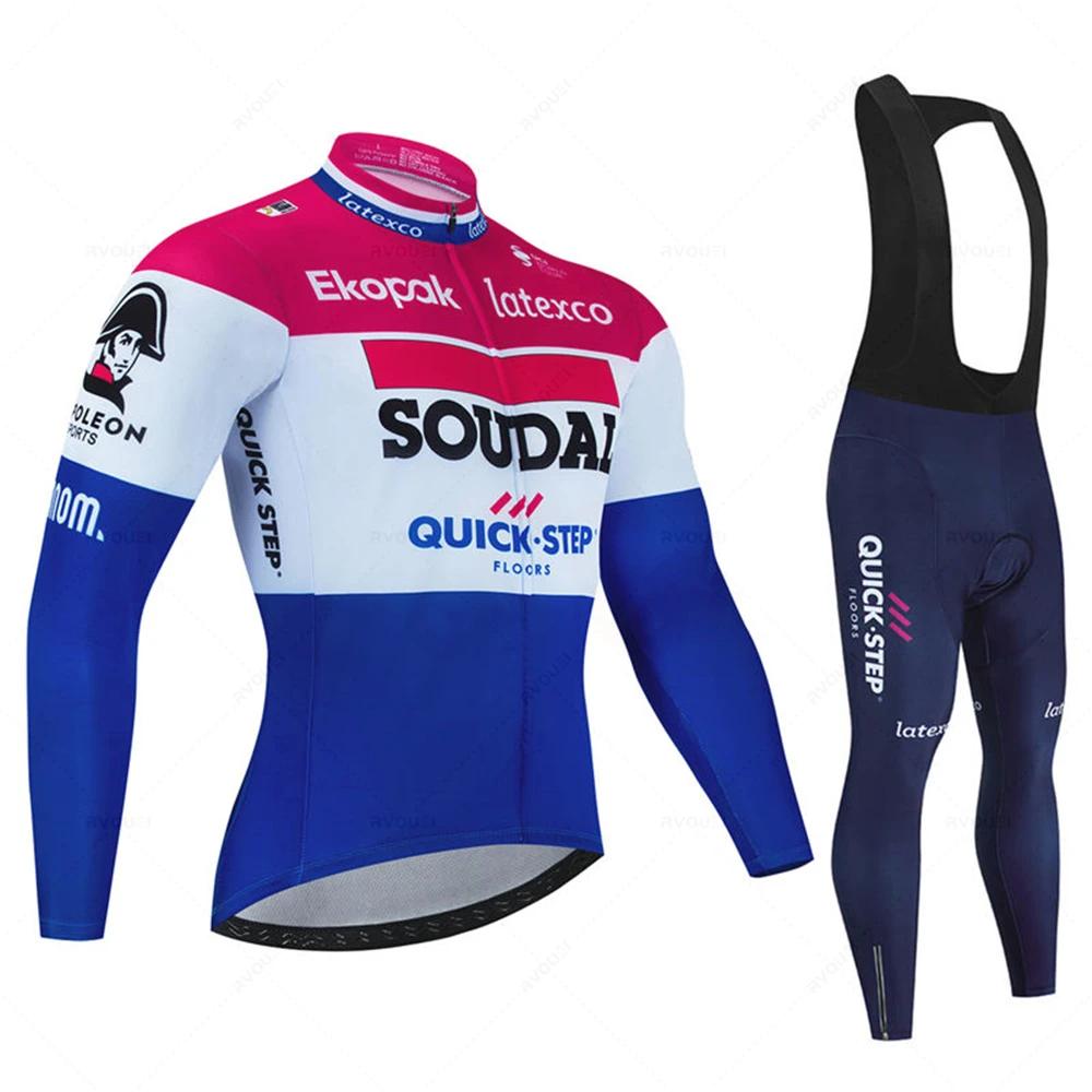 Soudal Quick Step France Jesienny Zestaw Koszulek Rowerowych Ubrania na Rower Szosowy Długi Rękaw Jednolity Strój MTB Spodenki na Szelkach Rowerowe Koszulka Sportowa do Jazdy