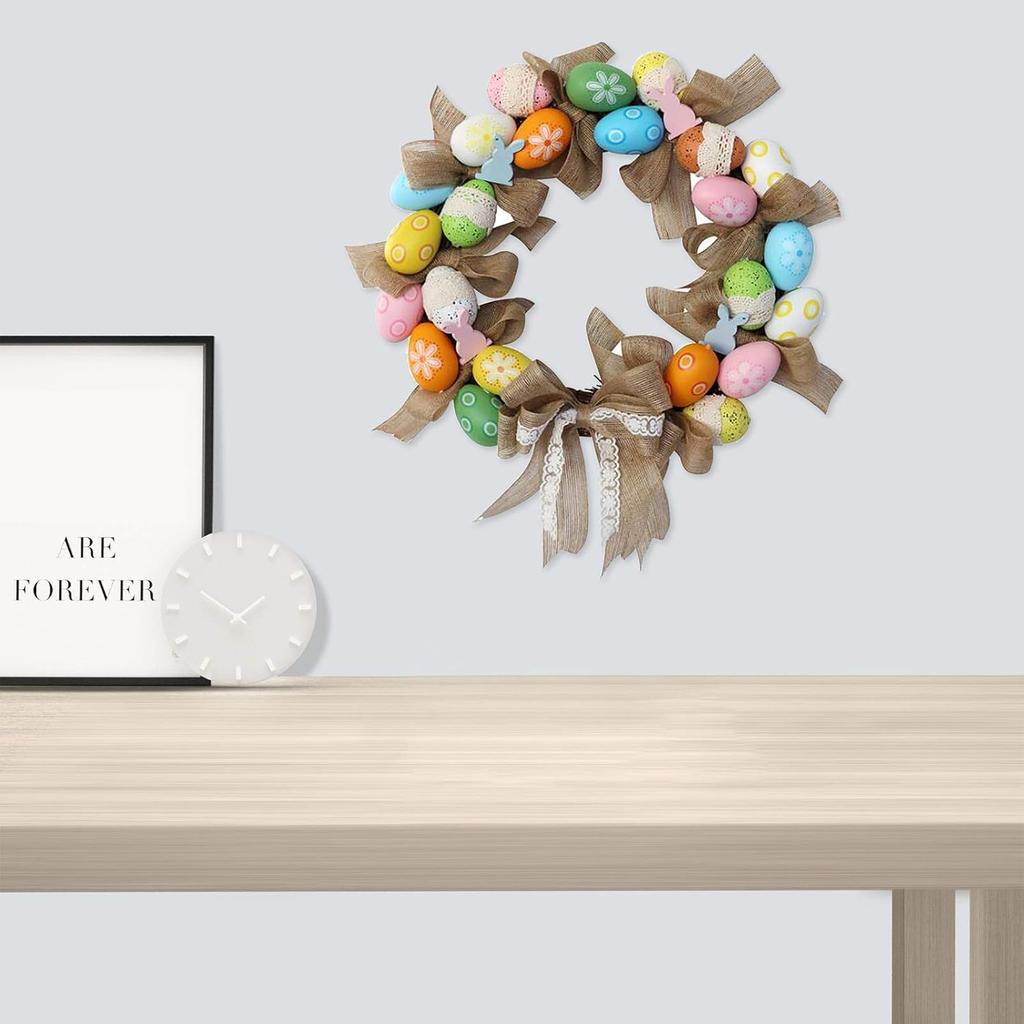 15.7 Easter Wreath, Vintage Easter Wreath with Multi Colored Pastel Eggs Burlap Bowknot, Easter Wreath for Front Door and Wall Decoration,