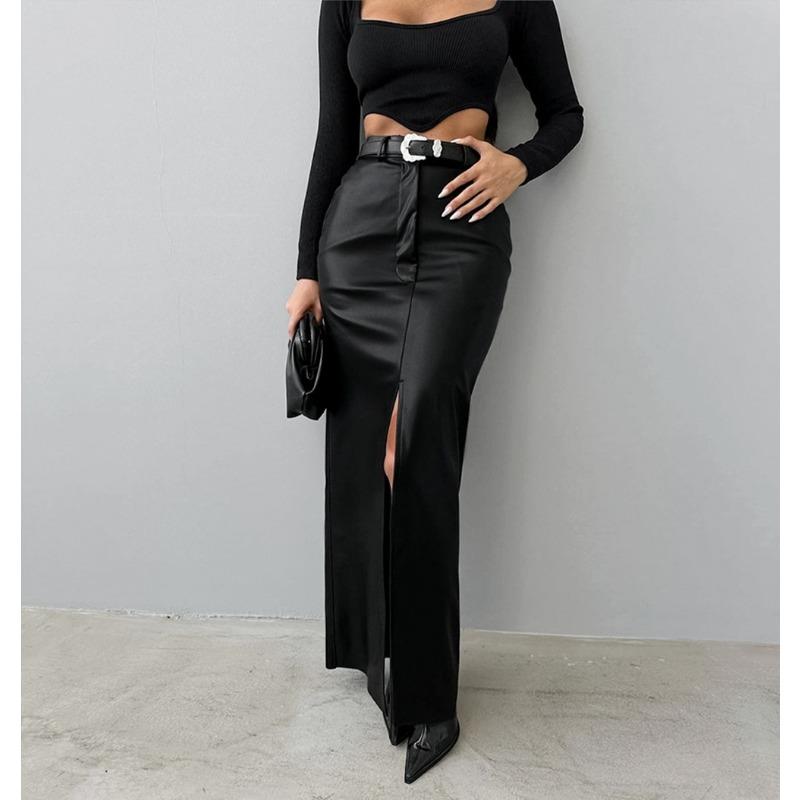 

Женская темпераментная модная PU кожаная однотонная цветная сращивающаяся юбка с высокой талией и разрезом L чёрный