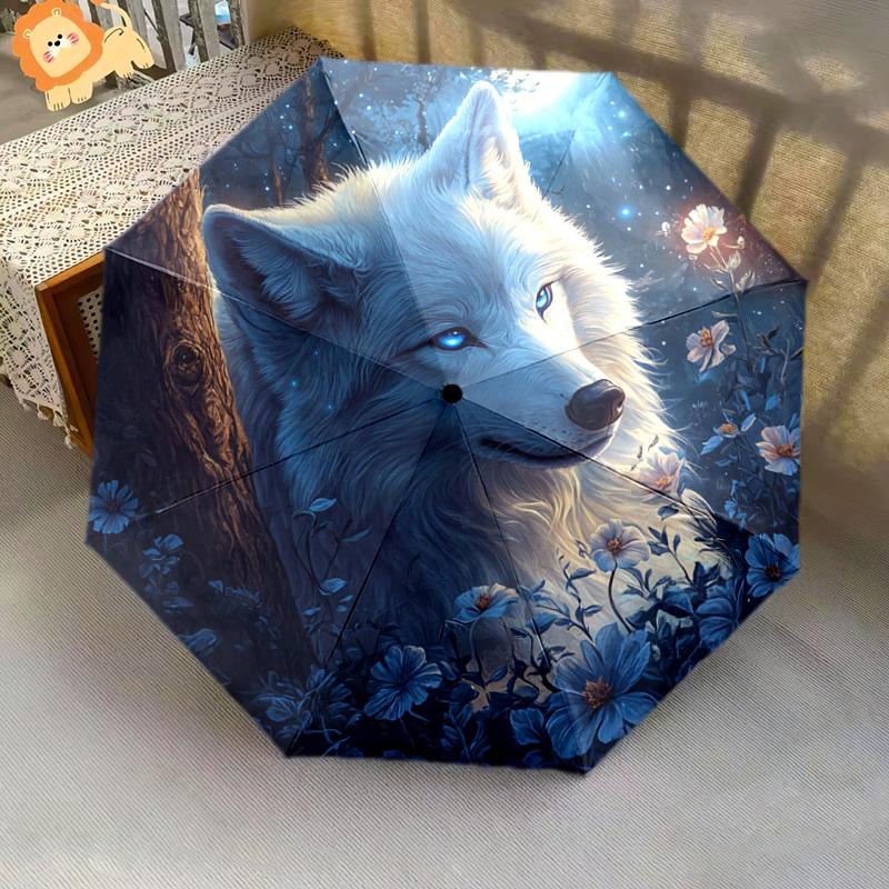 1 PC Automatic Folding Umbrella - Wolf In Moonlit Pattern, Portable & Foldable Design with 8 Ribs, Christmas Birthday Gifts