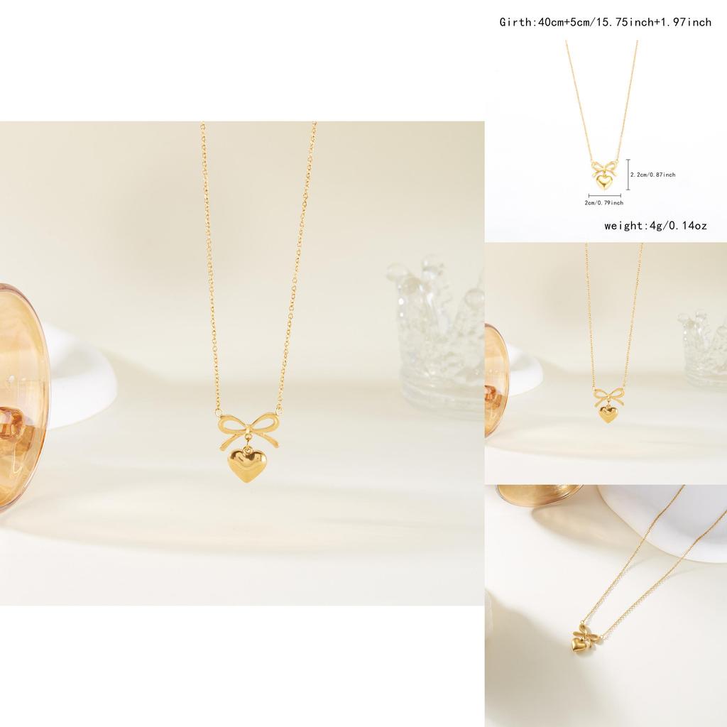 Minimalist Butterfly Bow Heart Pendant Necklace With Gold Plated Stainless Steel For Women