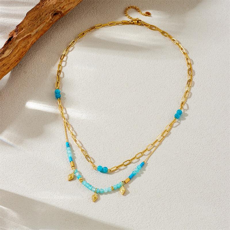 Gold Plated Turquoise Blue Bead Layered Necklace, Dainty Adjustable Paperclip Chain for Women, Boho Summer Jewelry золотой