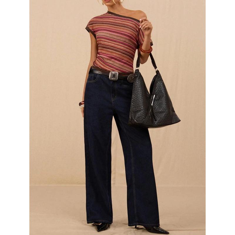women s Colorful Striped Knit One Shoulder Short Sleeve Slim Fit Crop Top Blouse XS разноцветный
