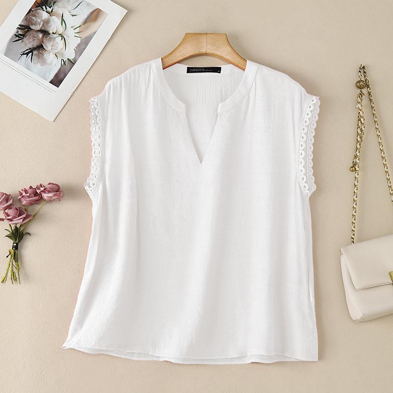 ZANZEA Women Casual V-Neck Solid Color Loose Lace Splice Short Sleeve Blouse S