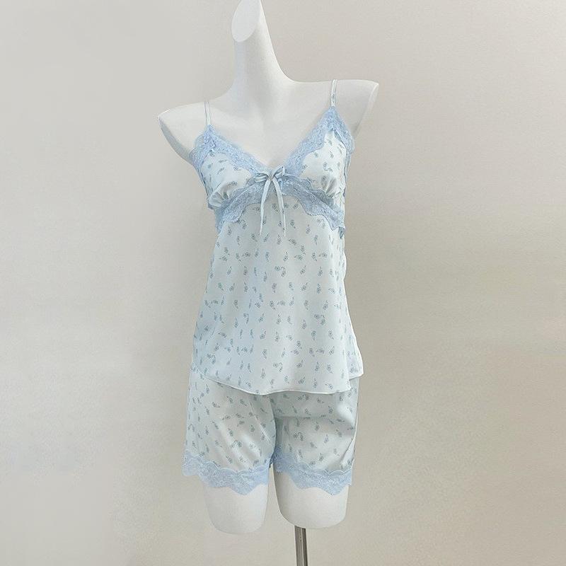 Cute printed high-end pajamas women's summer ice silk college style thin loungewear suspenders pajamas women's summer chest pads