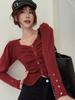 Women's High-End Chic Square Neck Ruched Knitted Sweater for Autumn/Winter