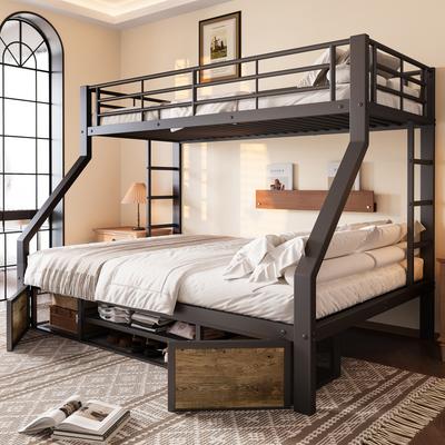 90 X 200 Cm, 140 X 200 Cm, Bunk Bed, with Shoe Cabinet, Storage Compartments, Safety Railing, Ladder, EN747 Certified, Without Mattress, Black