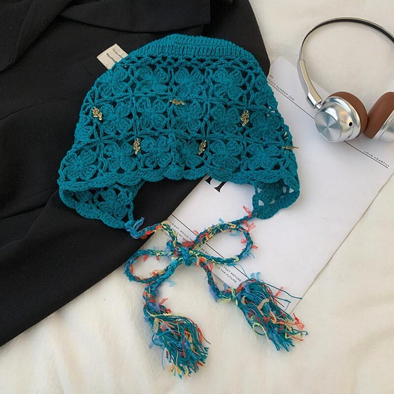 Hand Crocheted Openwork Floral Tassel Beanie Hat Women Lightweight Breathable Knit Cap
