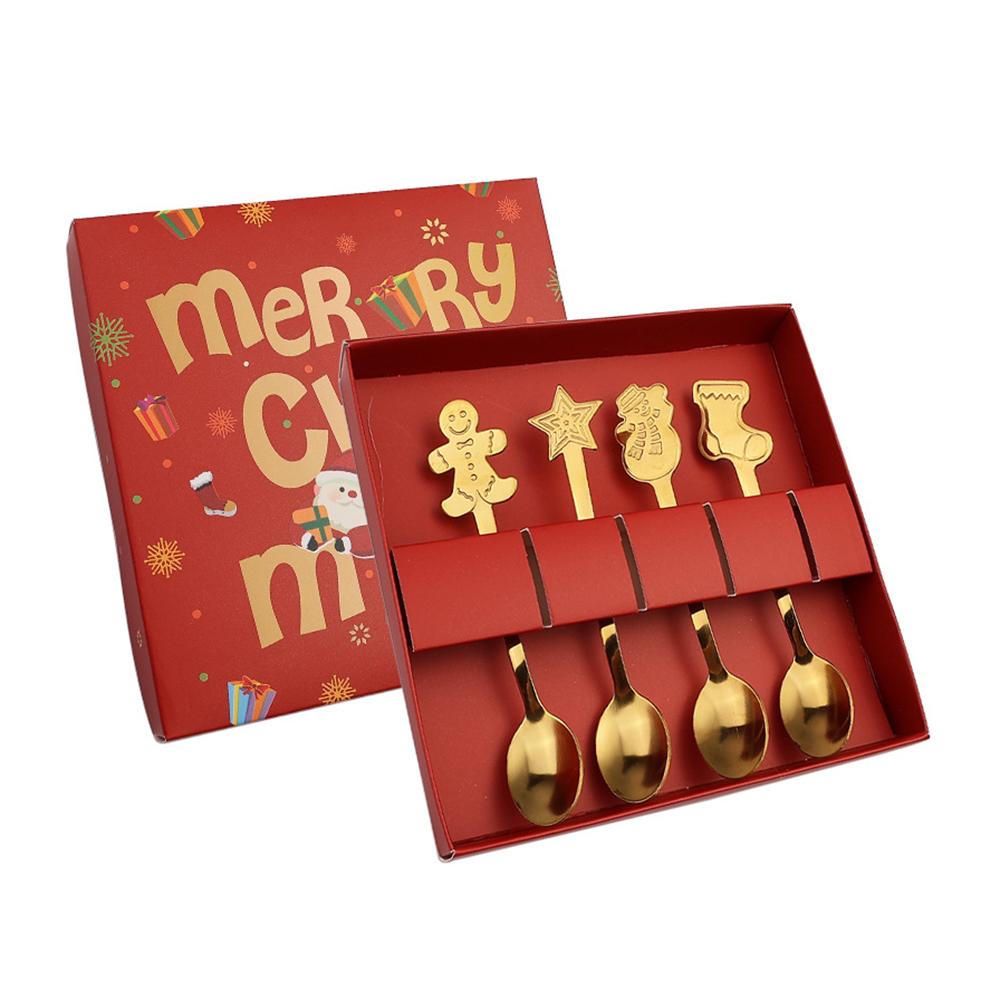 4PCS Christmas Gift Decoration Dessert Spoons Snowman Christmas Stocking Cutlery Spoon Christmas Gift Box Gingerbread Spoon