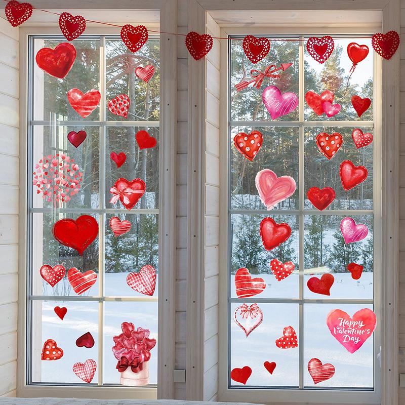 9Pcs 20X30Cm Valentine'S Day Window Stickers Cute Watercolor Red Heart Pattern Electrostatic Sticker Wedding Party Home Decor