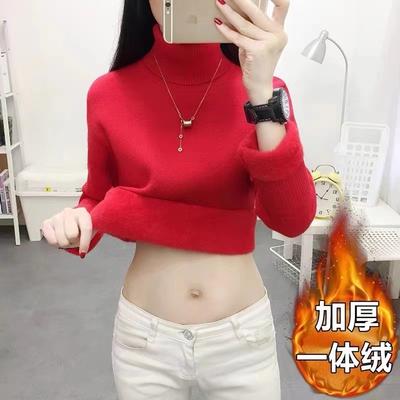 Thickened Knitted Bottoming Shirt with Two Lapels To Keep Warm and Fleece Inside, with a New Autumn and Winter Integrated Fleece Sweater for Women