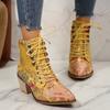 Large Size Embroidered Ethnic Style Pointed Toe Short Boots Women's Shoes Fashionable High Heel Buckle Strap Ankle Boots