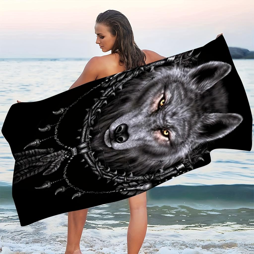 Wolf Head Dreamcatcher Beach Towel, Tribal Boho Animal Art Quick-Dry Sand-Free Microfiber Bath Towel for Summer Pool and Travel