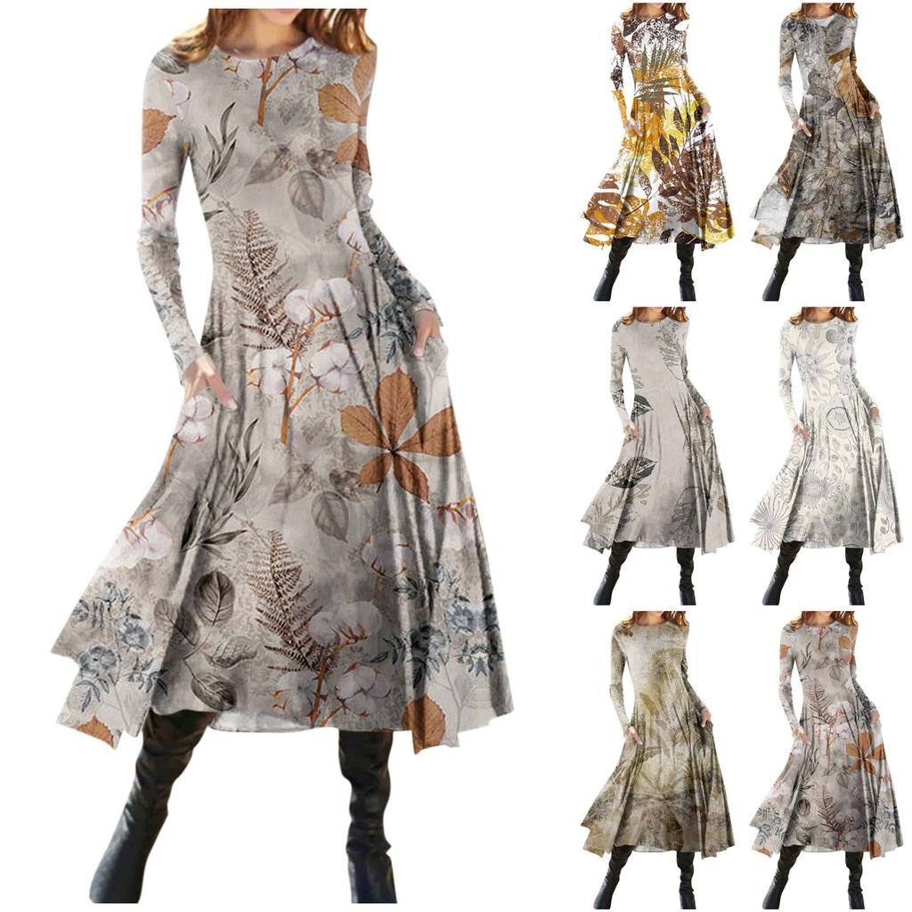 Robe décontractée à manches longues pour femmes, pull imprimé à col rond, coupe ajustée