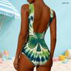 Women Plus Size High Round Neck Sleeveless One Piece Dark Green Clover Printed Swimsuit