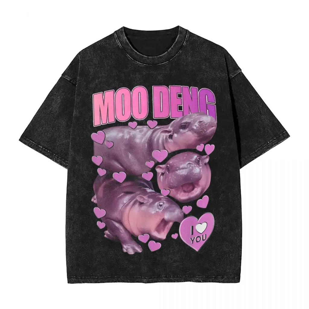 Moo Deng The Famous Baby Pigmy Hippo T Shirt Washed Cotton T-Shirts for Men Women Tops Streetwear Printed Tee Shirt