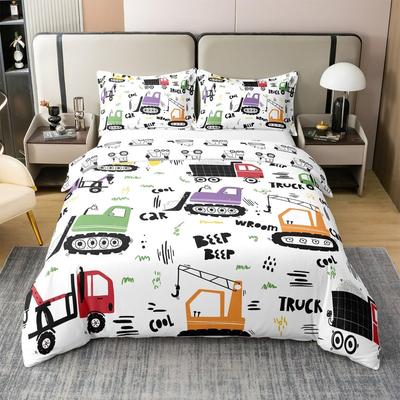 Cartoon Camping Excavator Duvet Cover Set King Size Luxury Truck Bedding Set Camping Essentials 3 Piece Set With 2 Pillowcases