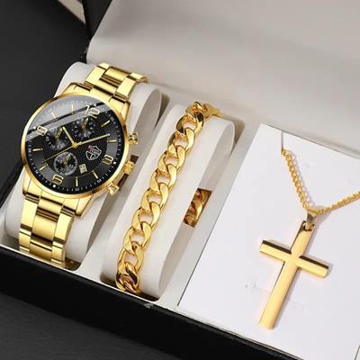 Juego de 3 relojes de cuarzo de acero inoxidable para hombre, con calendario, de moda, para negocios, pulsera y collar, regalos para hombre