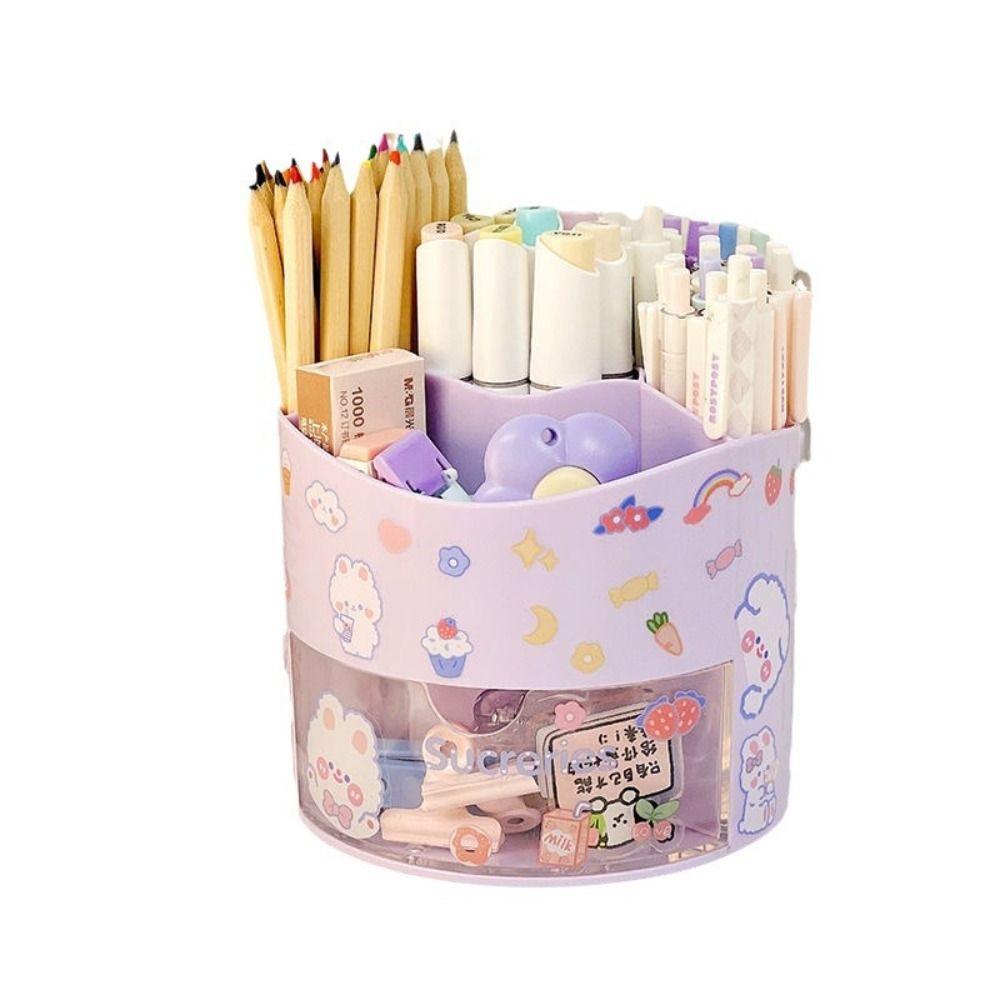 

with Stickers Pen Holder Rotating Storage Box Organizer School Office Desk фіолетовий