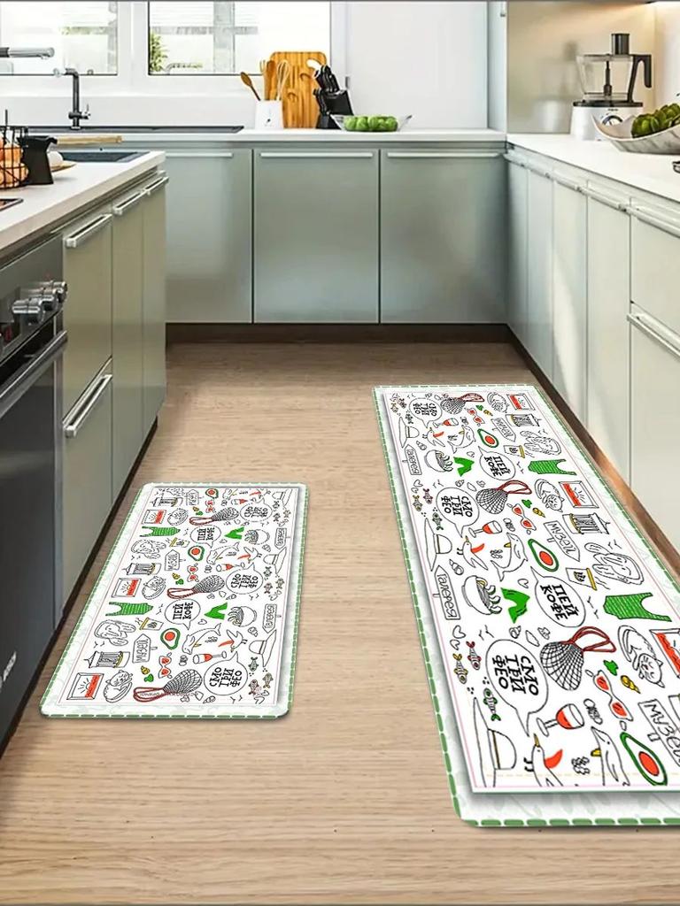 Cartoon Graffiti Knife and Fork Soft Kitchen Non-slip Floor Mat, Kitchen Carpet Mat, Washable Home Decoration Carpet Mat