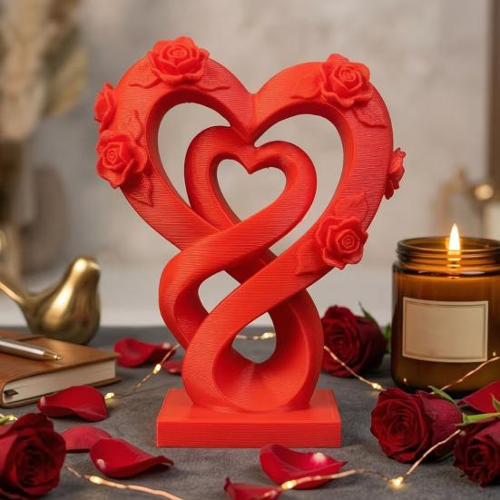 3D Printed Love Shaped Rose Sculpture Exquisite Flowers Heart Table Decoration Stable Base Romantic Desktop Ornaments for Wedding Party Table