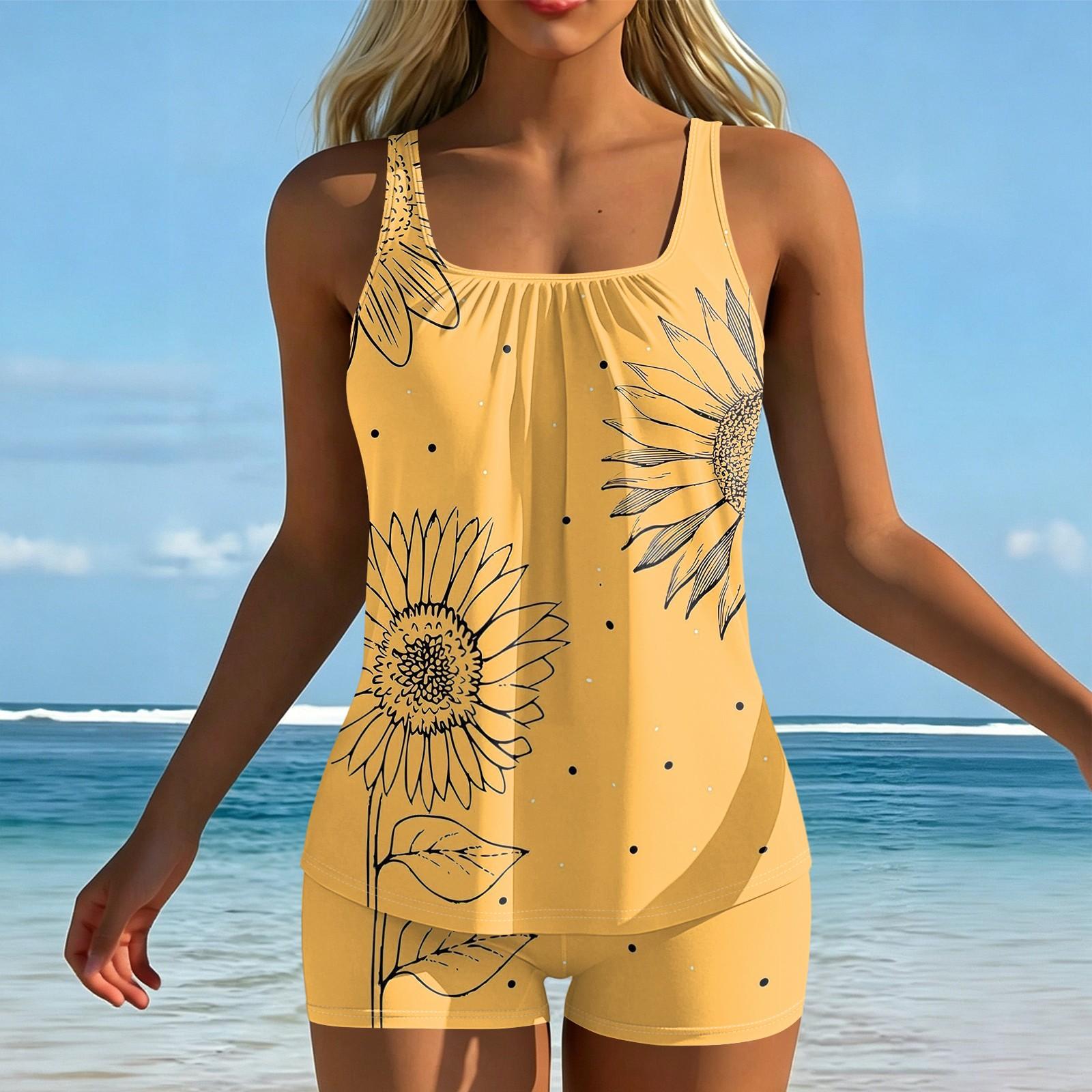 

Women’s Floral Print Tankini Set with Square Neck and Boyshorts Swimwear Two Piece Comfortable Fit S білий