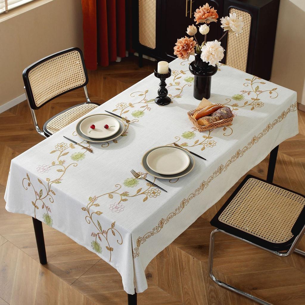 Country Tablecloth Striped Embroidery Flower Linen Heavy Duty Cover Kitchen Dining Table Cloth Home Textiles