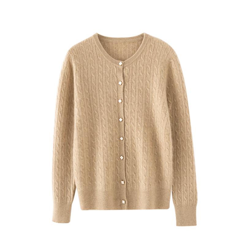 Damski kardigan z kaszmiru z warkoczowym splotem z okrągłym dekoltem – Styl koreański, dopasowany krój na jesień i zimę