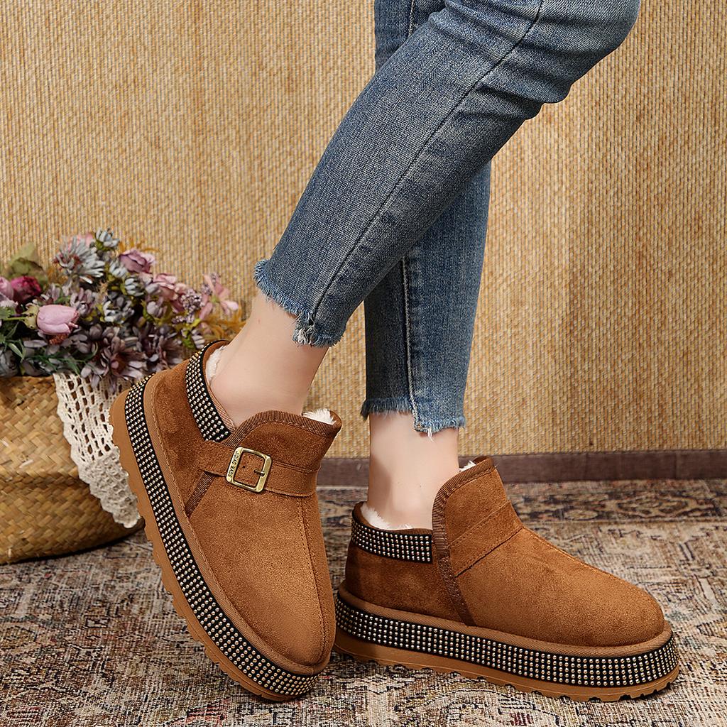 Winter Suede Warm Buckle Large Size Walking Boots Fashion New Round Toe Thick Sole Sexy Non-Slip Casual Flat Snow Boots Women