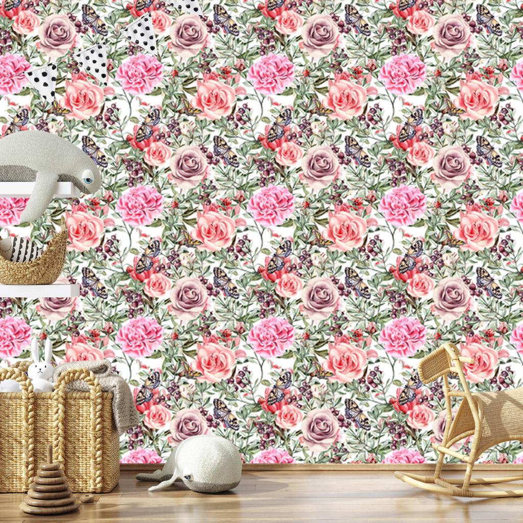 Wallpaper Colorful Roses, Peonies and Watercolor for Living Room and Bedroom 50x1000