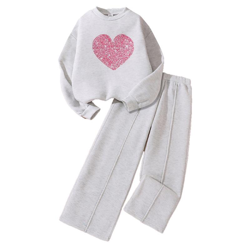 Girls' Spring Hoodie Set - Heart Long Sleeve Top & Pants, Plus Velvet, Casual Two-Piece Outfit for Medium to Large Children