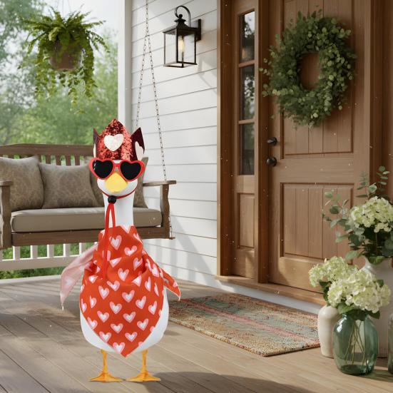 Valentine's Day Porch Goose Outfit Yard Goose Costume Lawn Goose Accessories Includes Red Heart Bib Hat Glasses for 23" Cement or Plastic Goose Statue