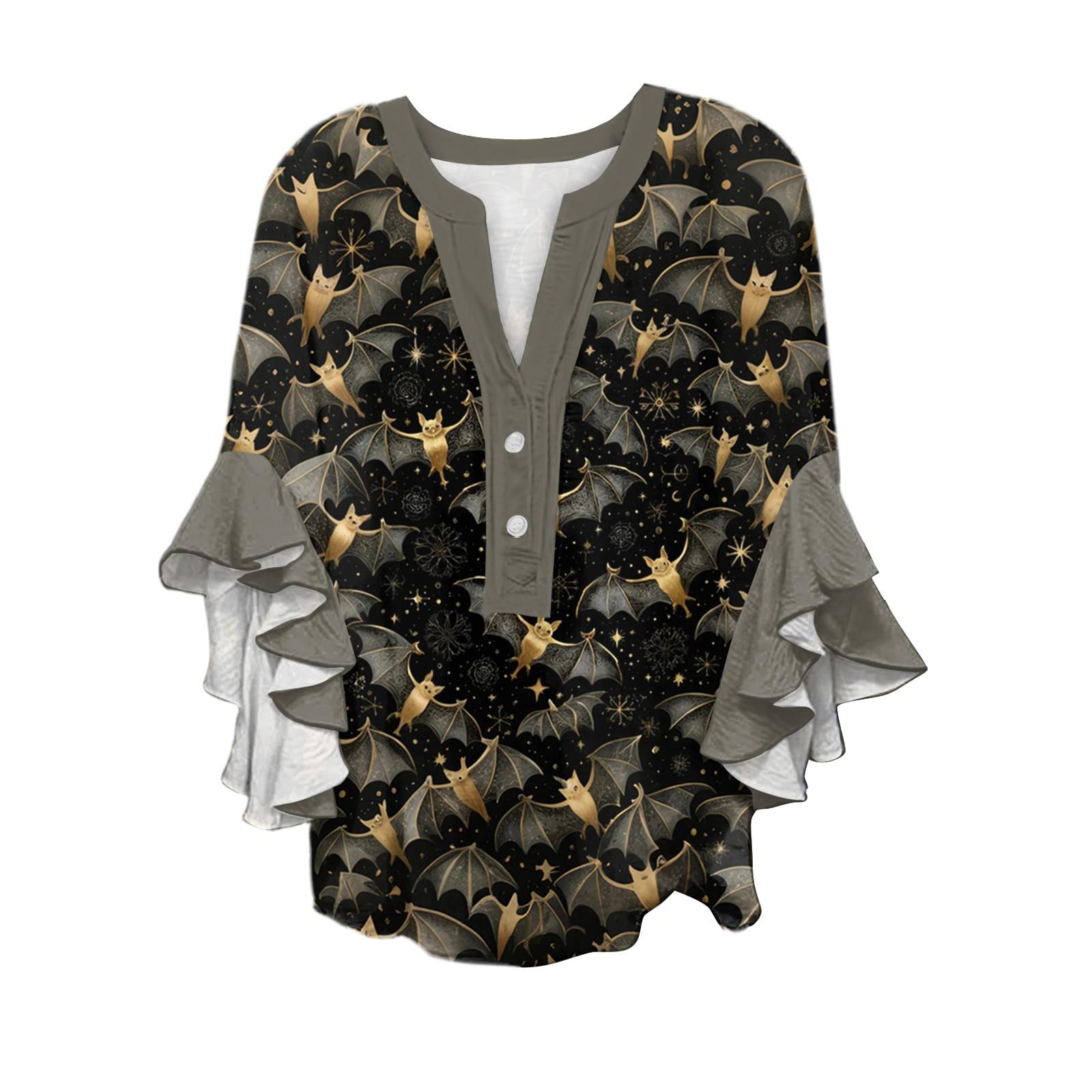 

Women s V-neck Seven Quarter Sleeved Shirt Halloween Printed Top Casual Shirt S срібний