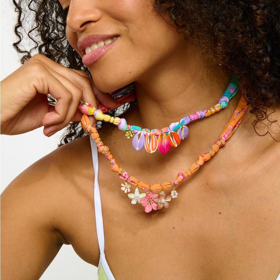 Colorful Marine Life Necklace with Shell Pendants & Silk Scarf - Gold Plated, European & American Beach Series