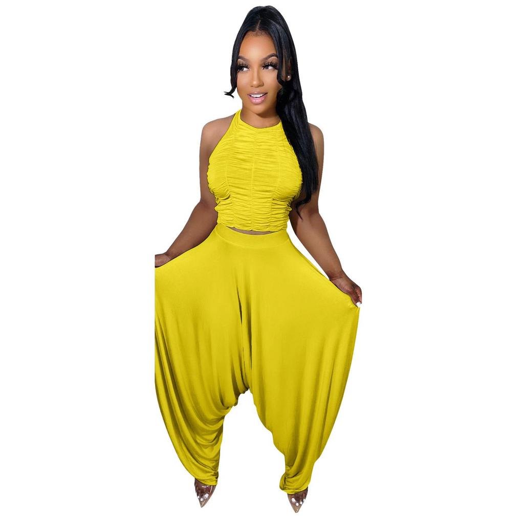 Pleated Sleeveless Wide-Leg Pants Two-Piece Set - European & American Style Women's Summer Outfit