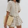 Fashion Style Stylish Loose Short Sleeve Stripes Shirt Shorts Two-piece Set Striped Shirt Shorts Set