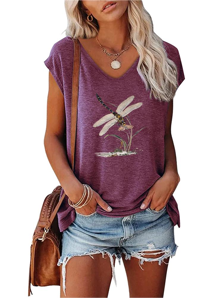 Damen Mode V-Ausschnitt Bedrucktes T-Shirt Sommer Lässig Kurzarm Top