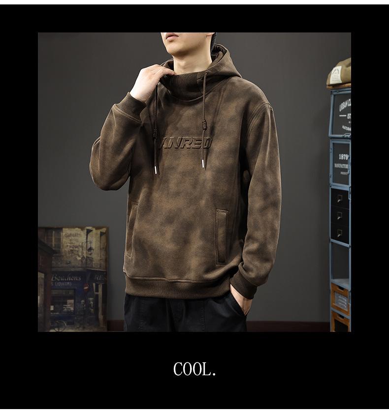 Men's Heavyweight Retro Hooded Sweatshirt: Autumn/Winter Thickened Style with Stamped Half-High Collar.